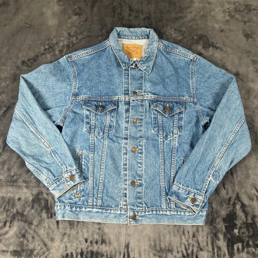 Three Rivers Denim Jacket Mens Medium Blue Eagle Graphic Trucker Made in USA
